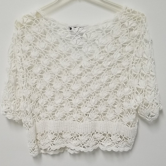 Crochet Cropped Cardigan Sweater Vneck White Coquette Size Large - Picture 5 of 9